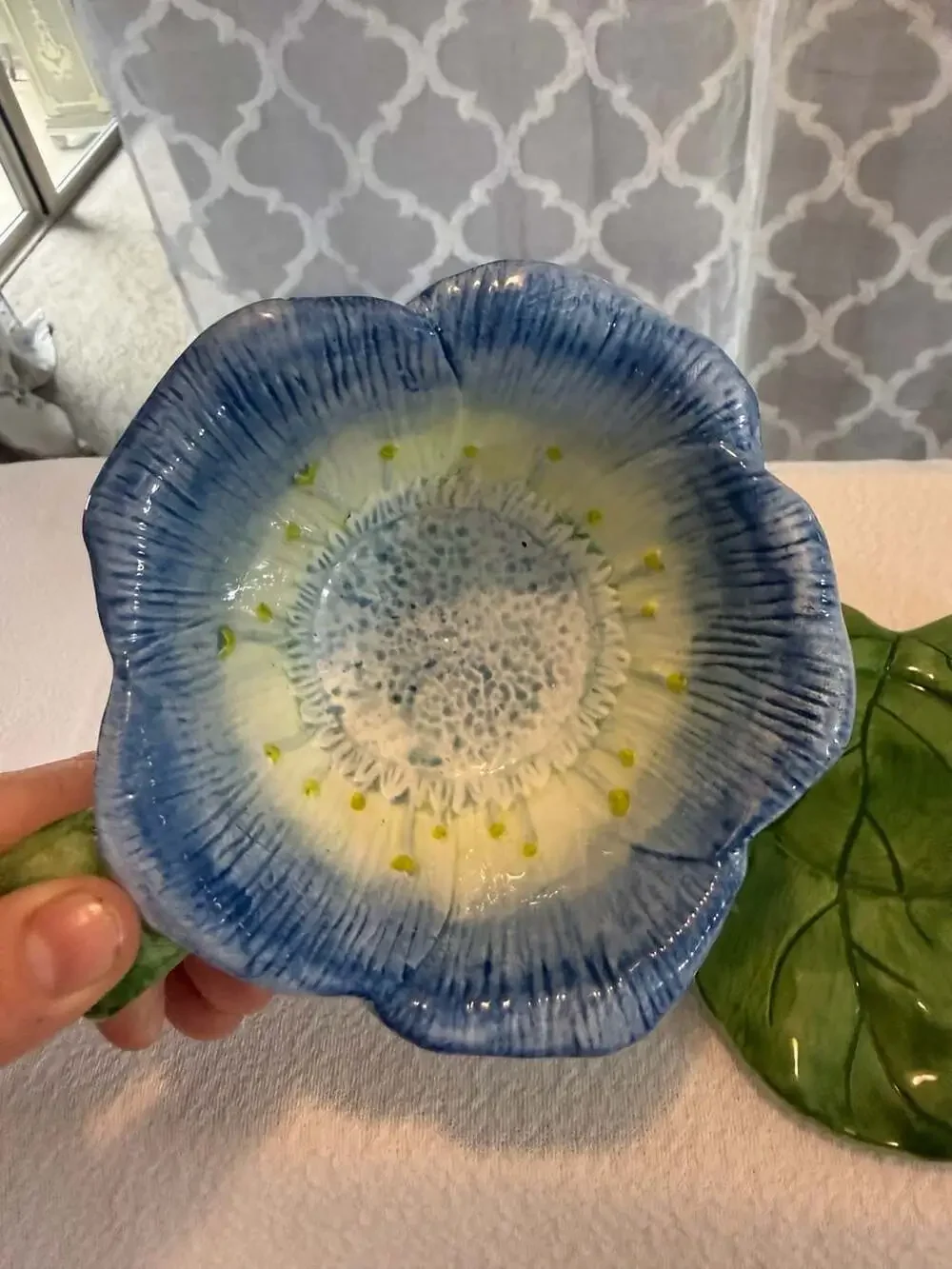 Lady Jayne 2005 Ceramic Blue Flower Teacup and Leaf Saucer Set